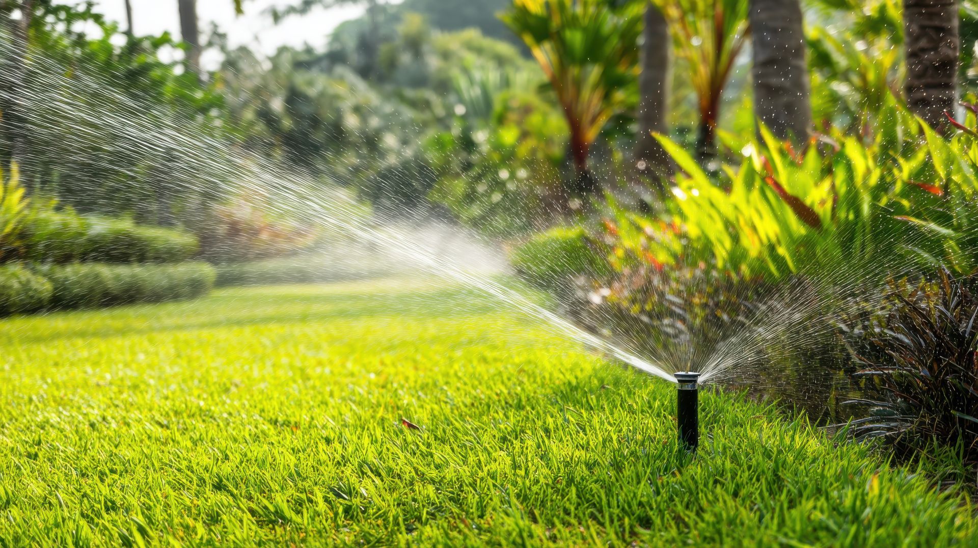 Arroseur de pelouse projetant de l'eau sur une pelouse d'un vert luxuriant dans un jardin arboré.
