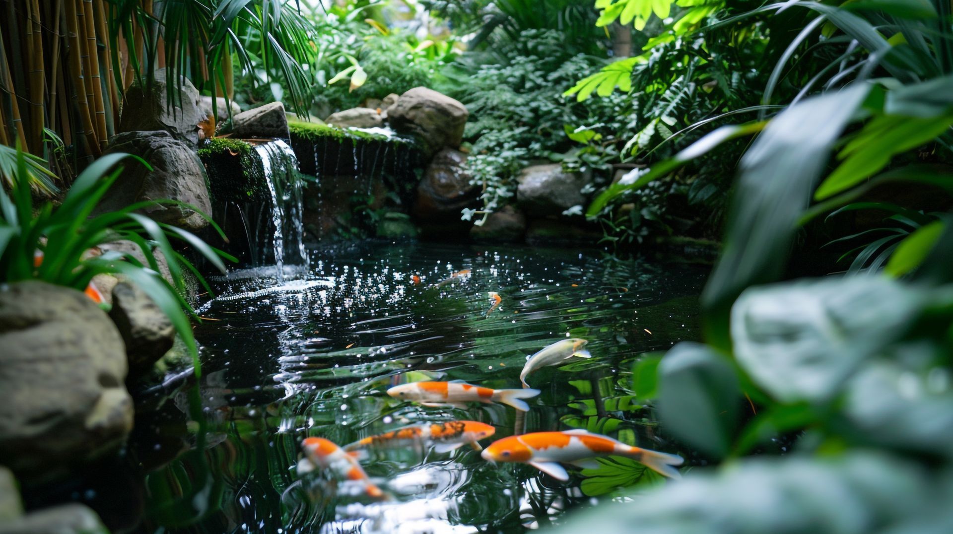 Des carpes koï nagent dans un étang avec une cascade, entourée d'une végétation luxuriante et de rochers.