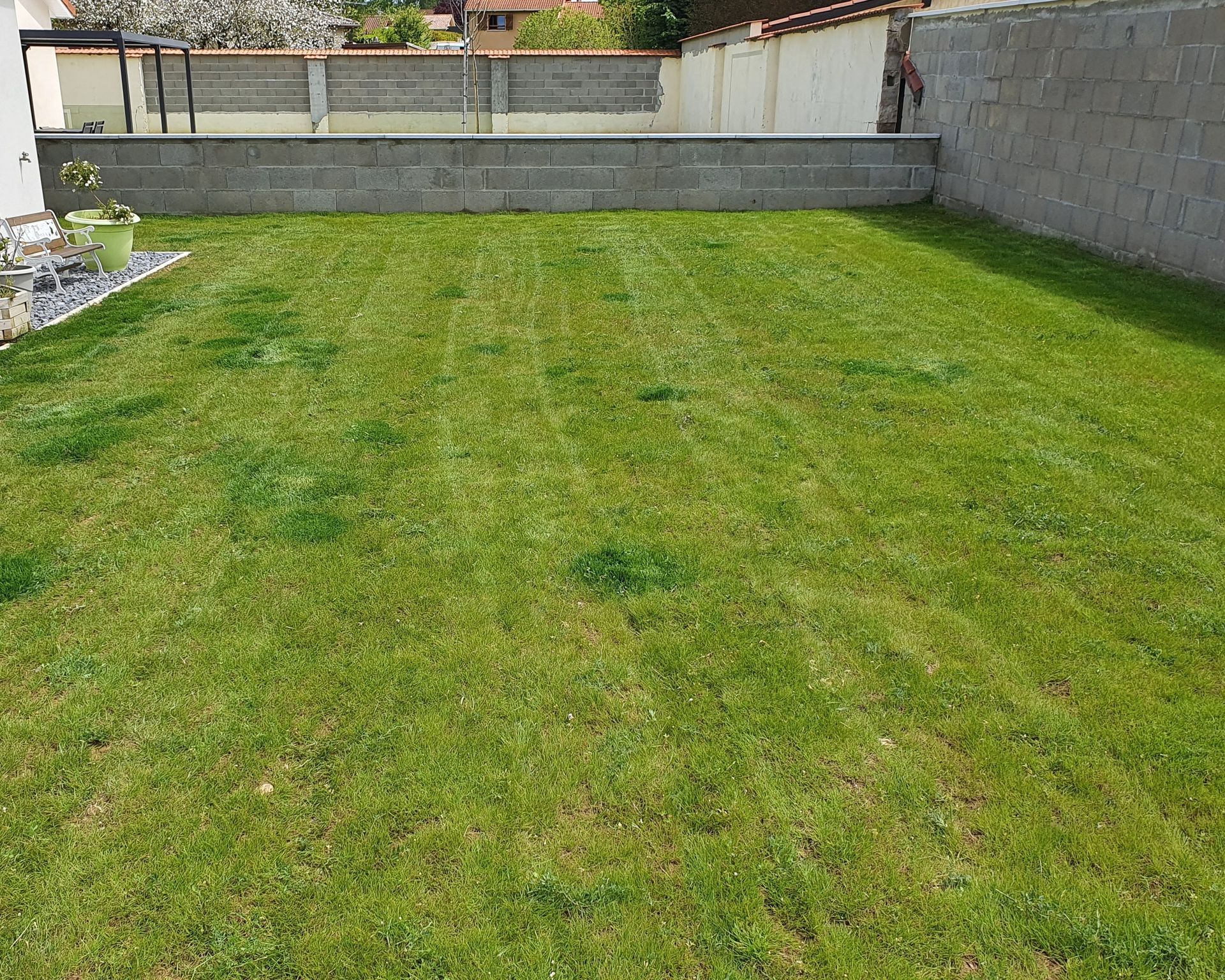 Pelouse verte bordée de murs en béton, fleurs à gauche et une maison en arrière-plan.