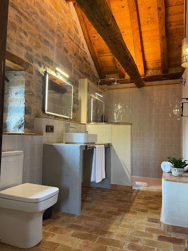 Un baño con inodoro, lavabo y ducha.