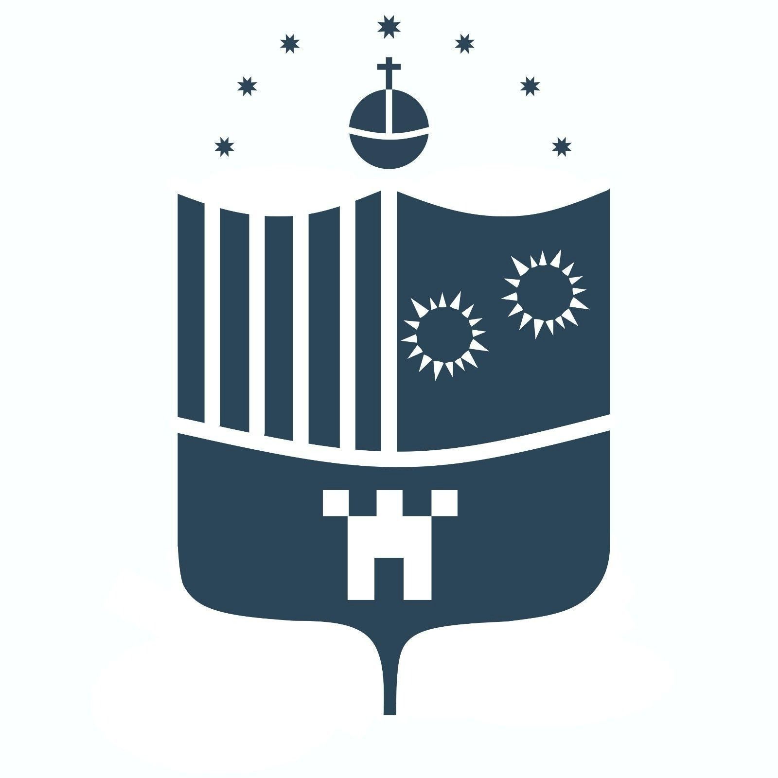 Un escudo de armas azul y blanco con un castillo encima.