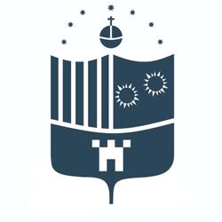 Un escudo de armas azul y blanco con un castillo encima.