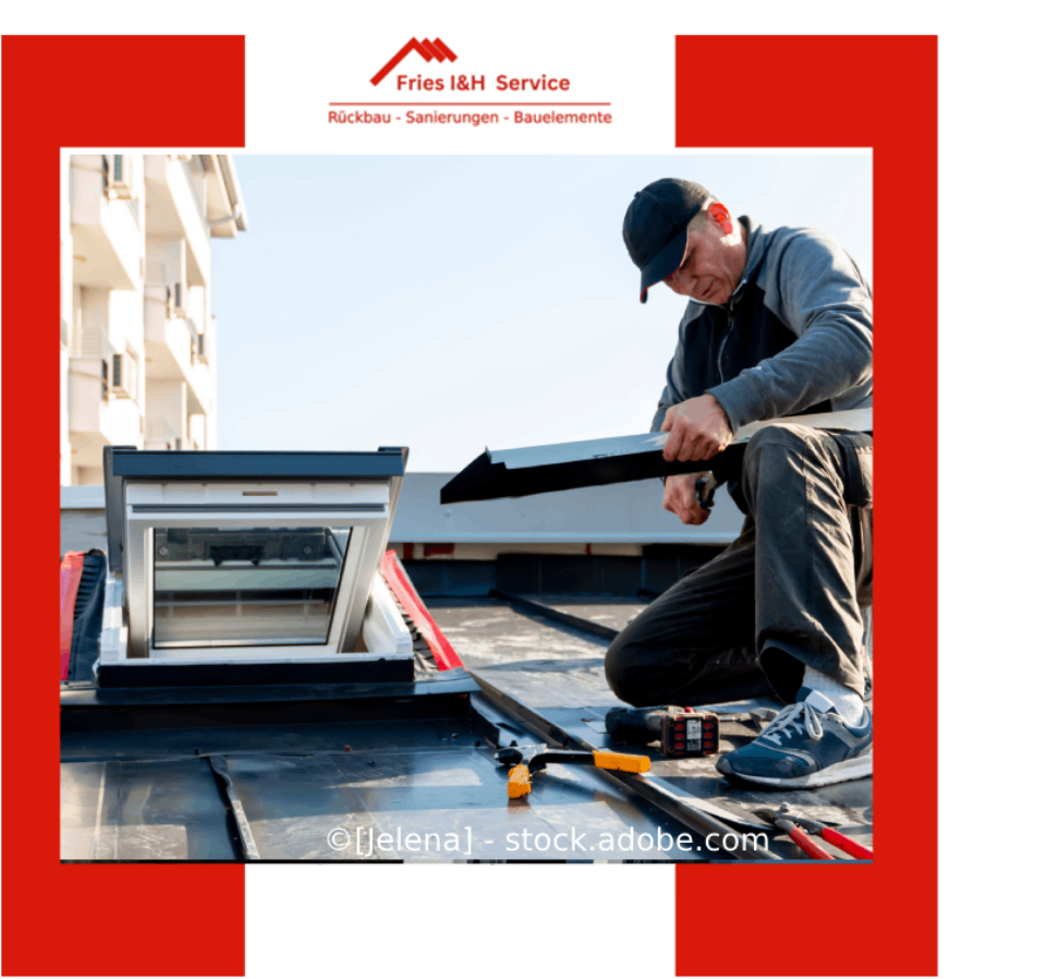 Handwerker auf Dach mit Bauteil aus Metall