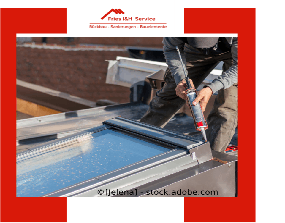 Dachfensterreparatur, Handwerker mit Silikonpistole