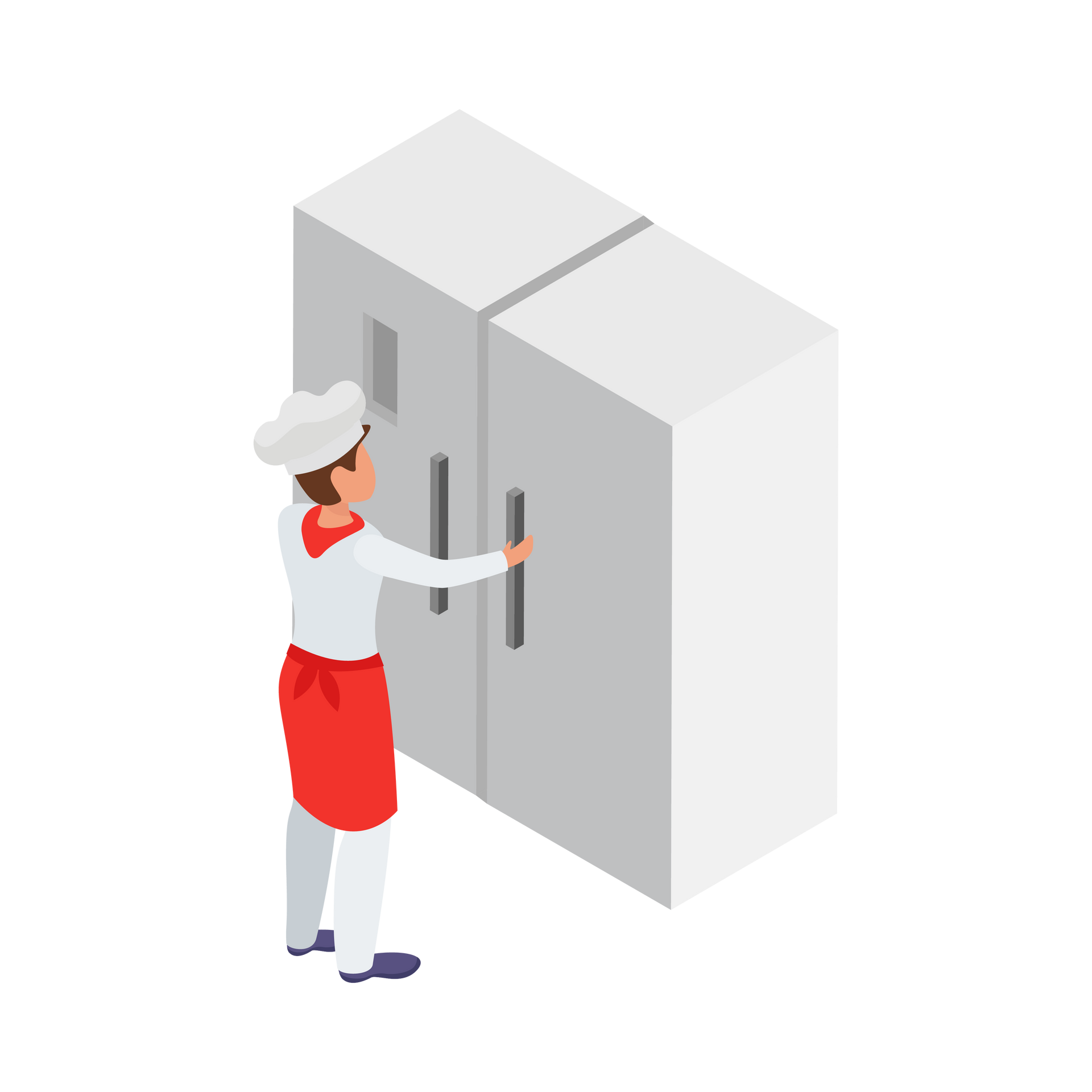 Ilustration d'une cuisinière devant un réfrigérateur professionnel