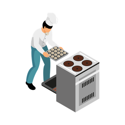 Illustration d'un cuisinier qui met des biscuits au four