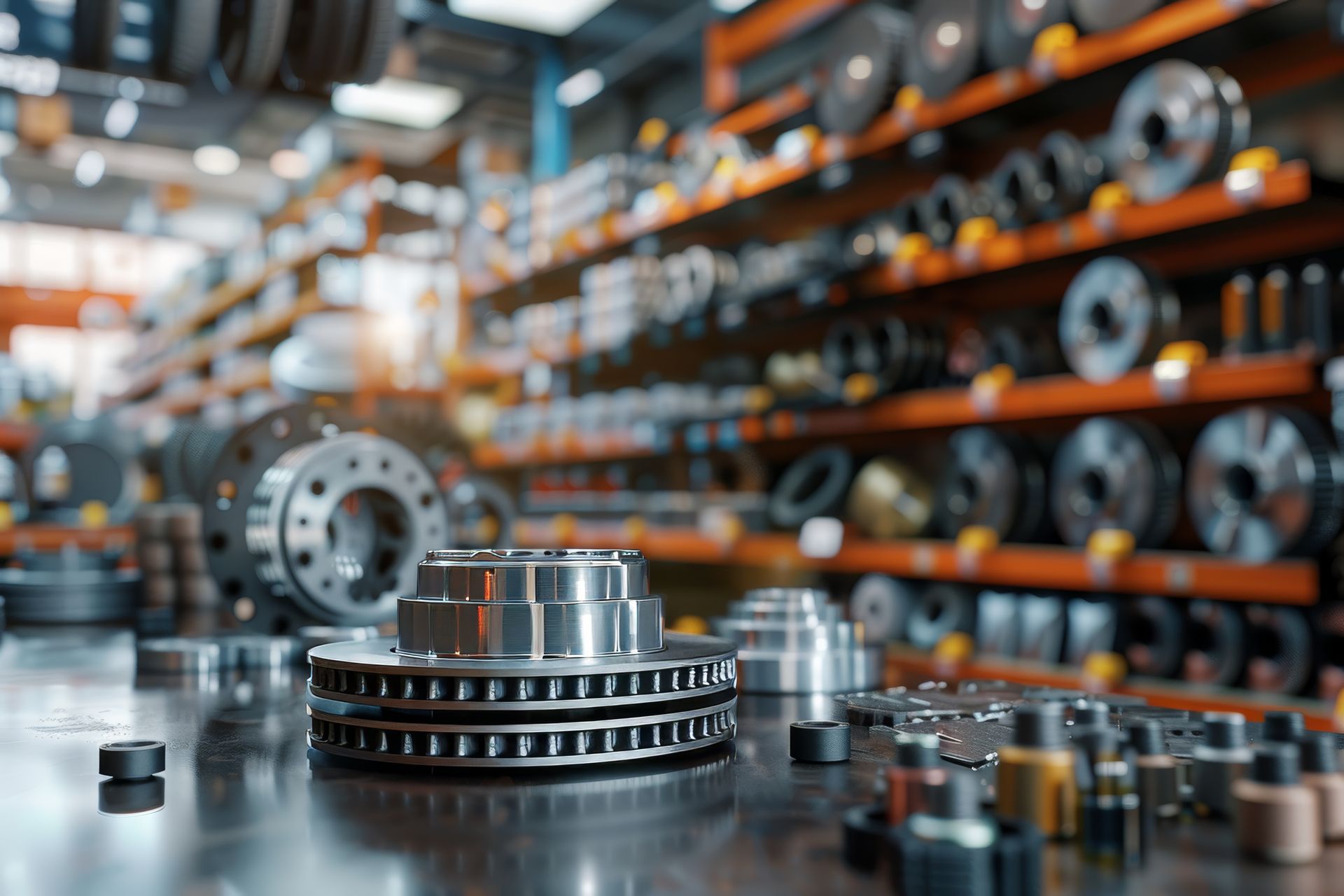 Disques de frein et pièces métalliques sur une table d'atelier, étagères de composants automobiles en arrière-plan.