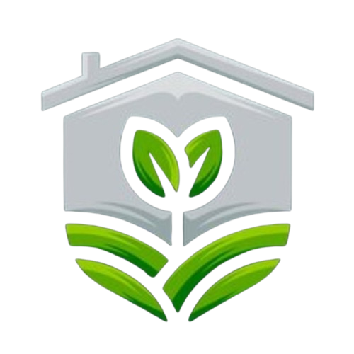 Logotipo en forma de casa con brotes verdes y c&eacute;sped, que representa la vida ecol&oacute;gica o la jardiner&iacute;a.