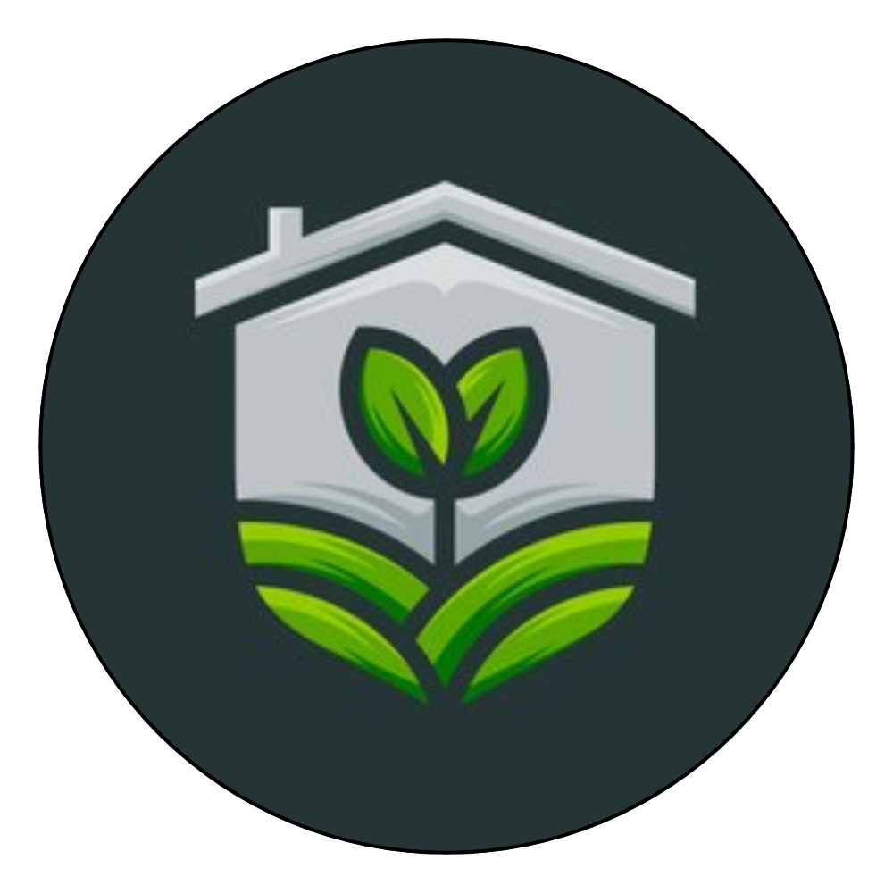 Planta verde con hojas que crecen dentro de un escudo gris en forma de casa.