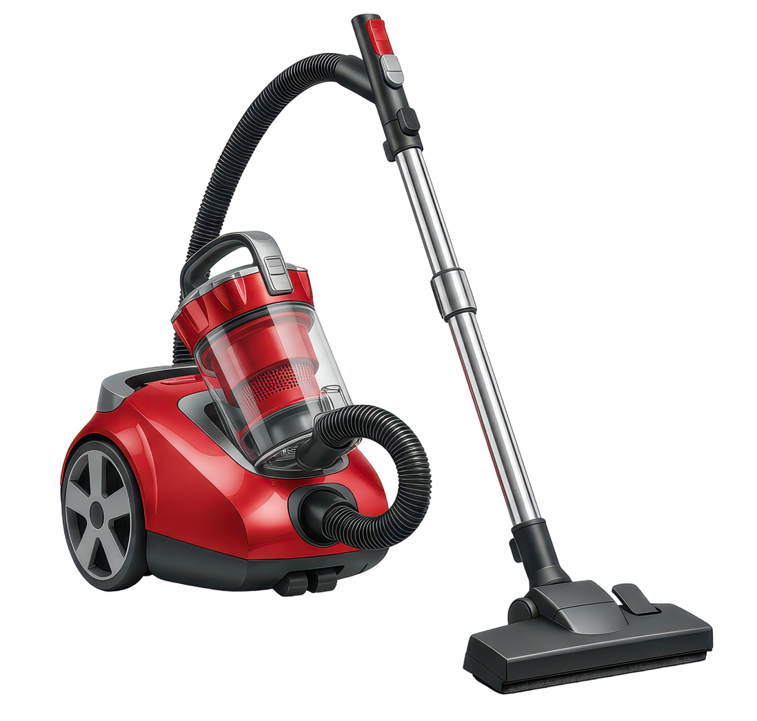 Aspirateur traîneau rouge avec une baguette argentée et un tuyau noir.