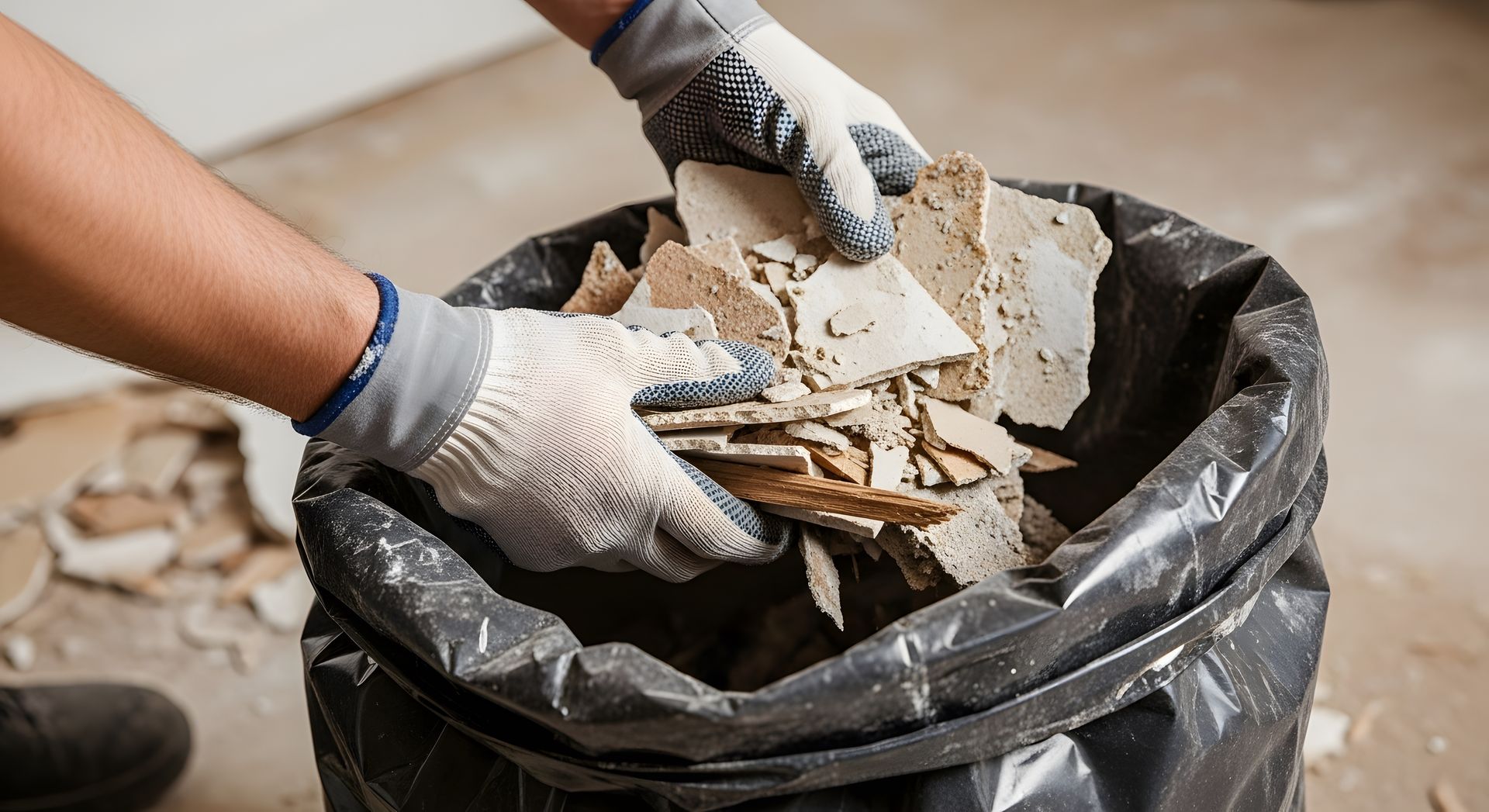 Des mains gantées placent des morceaux de cloison sèche cassés dans un sac poubelle noir dans une pièce.