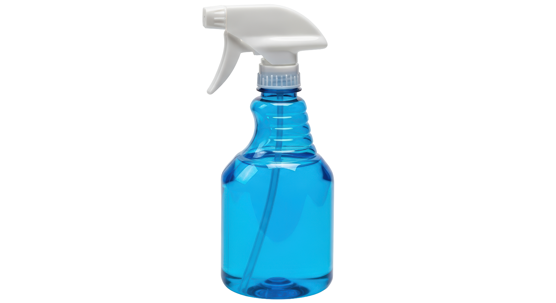 Flacon pulvérisateur bleu avec gâchette blanche.