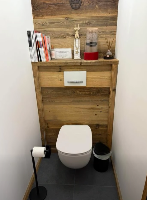 Toilettes avec un mur en bois dans une petite salle de bain. Livres et décorations sur une étagère au-dessus.