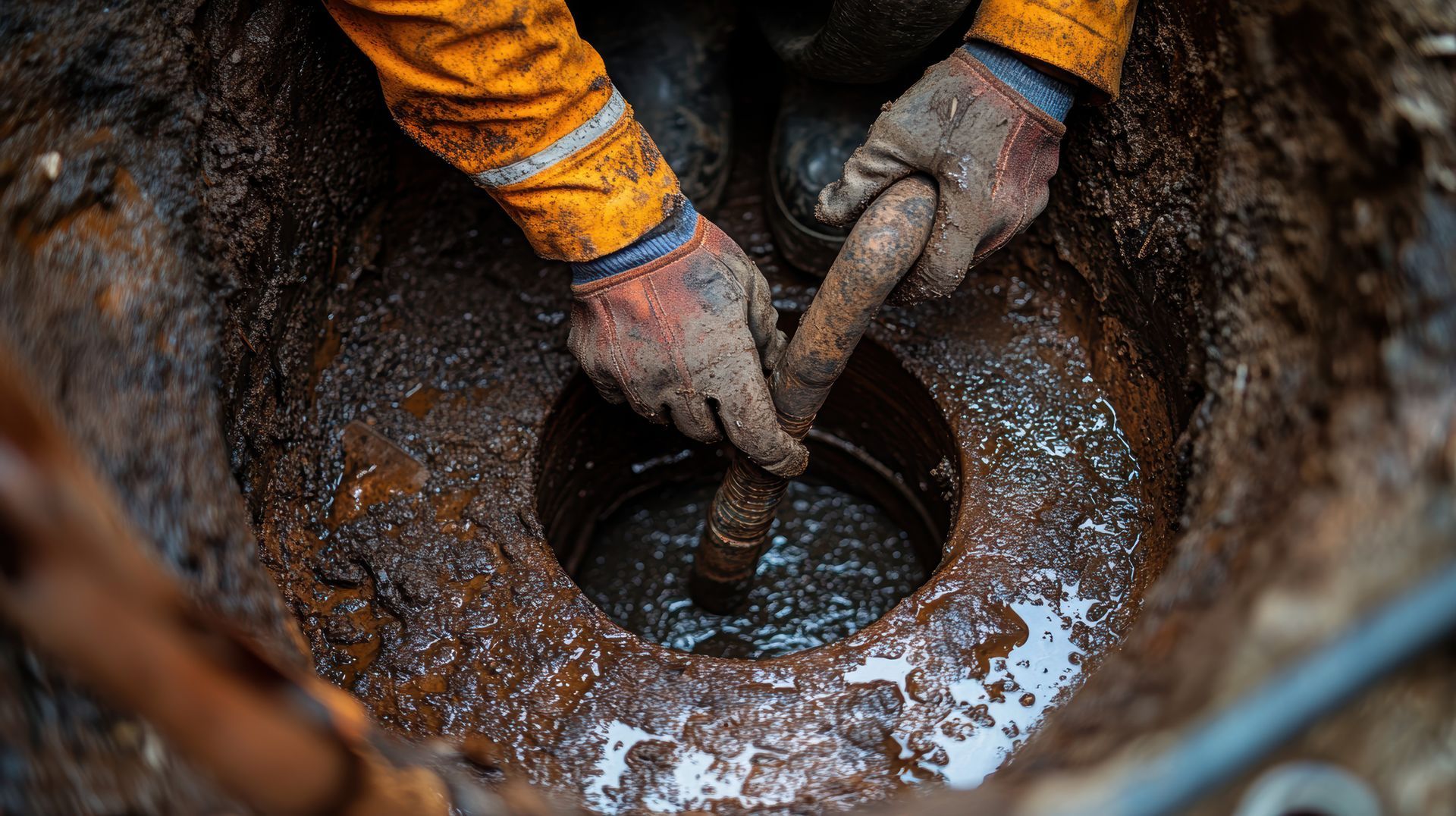 Des mains gantées inspectent l'ouverture d'un tuyau circulaire boueux dans une tranchée