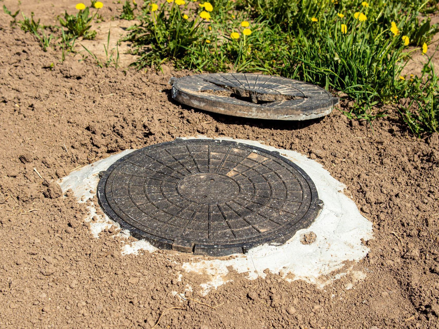 Deux plaques d'égout rondes dans un sol sablonneux, près de plantes vertes et de fleurs jaunes.