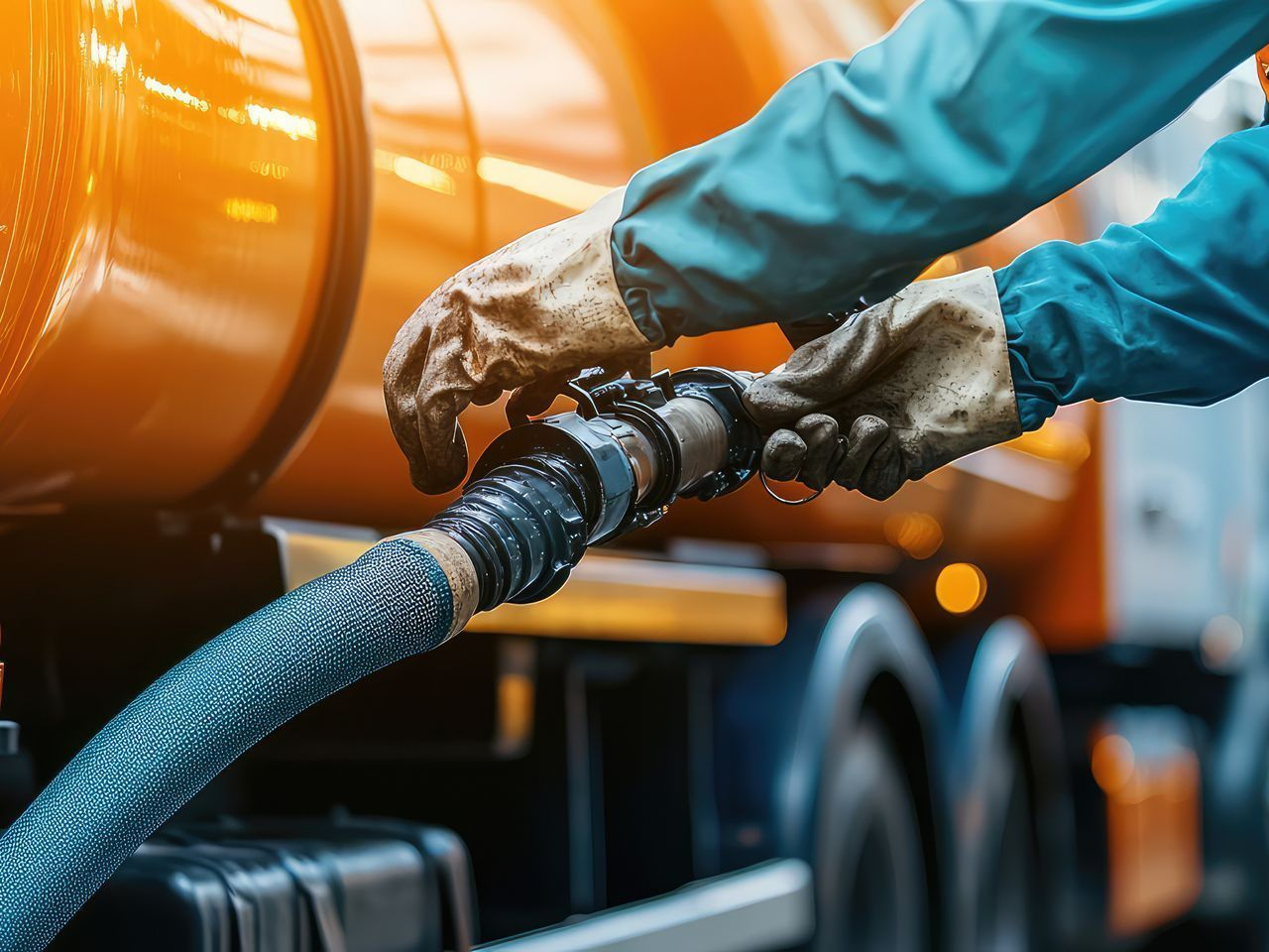 Un ouvrier raccorde un tuyau bleu à la sortie orange d'un camion-citerne, les mains couvertes de graisse.