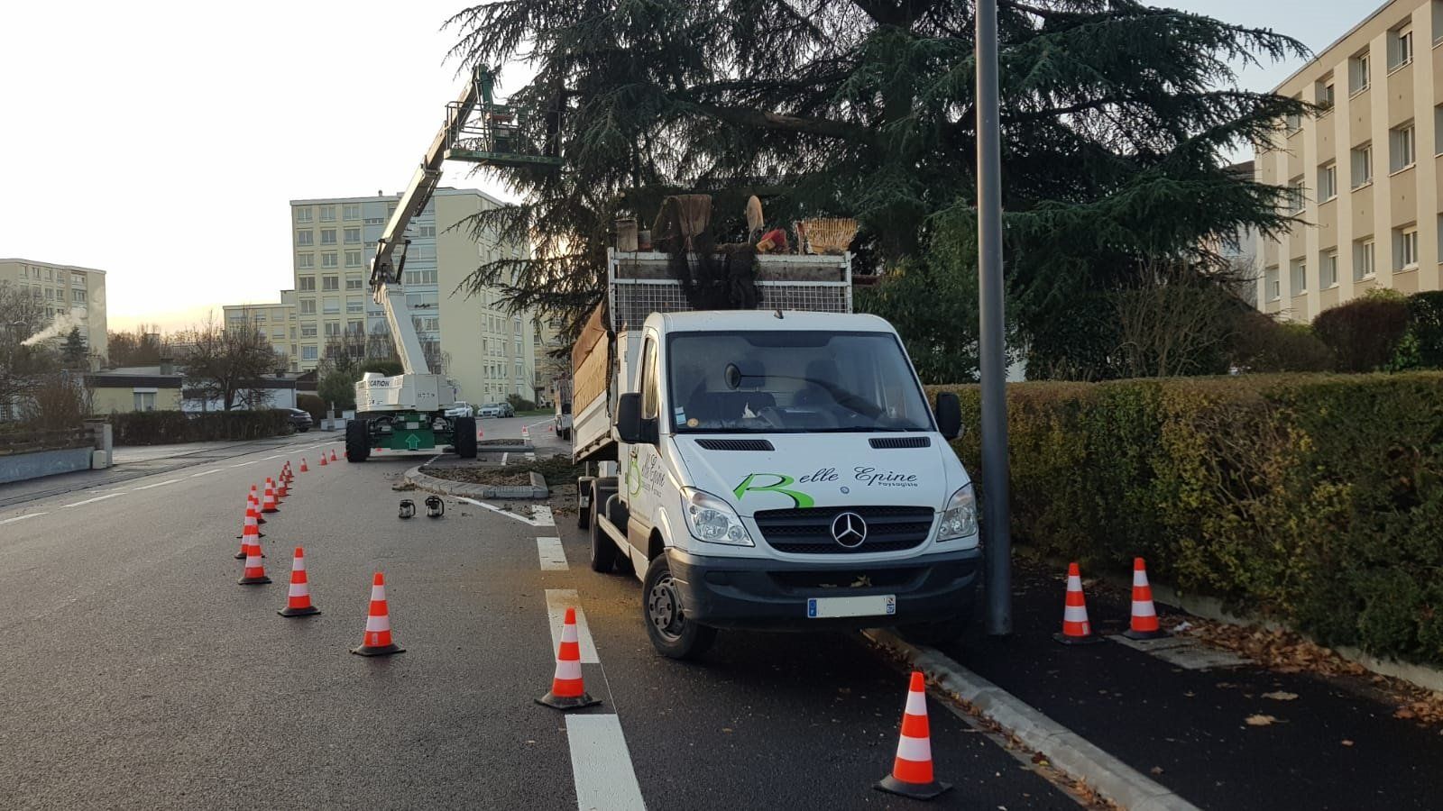 Camion de chantier blanc avec cônes orange dans la rue, arbres élagués par un élévateur. Bâtiments en arrière-plan.