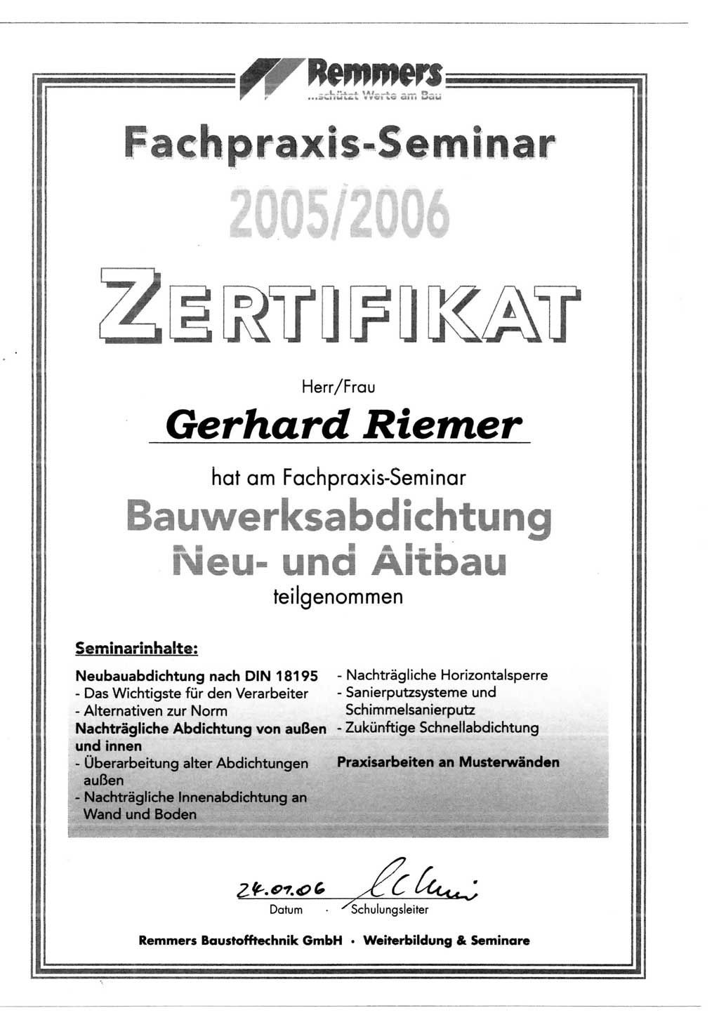 Zertifikat Gerhard Riemer