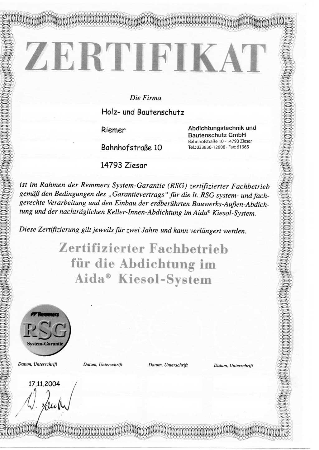 Zertifikat Holz- und Bautenschutz
