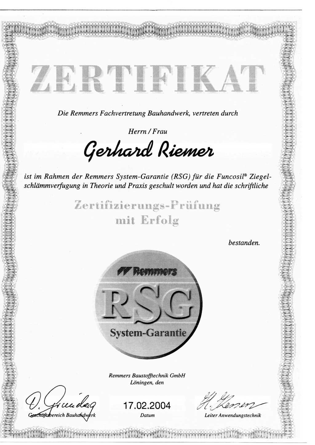 Zertifikat Gerhard Riemer 2