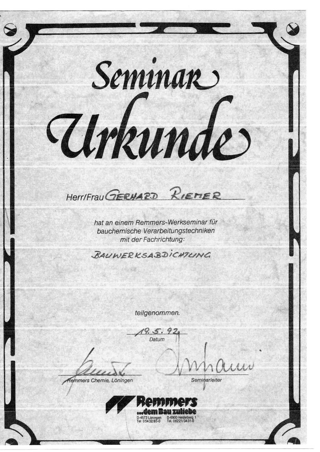 Urkunde Gerhard Riemer