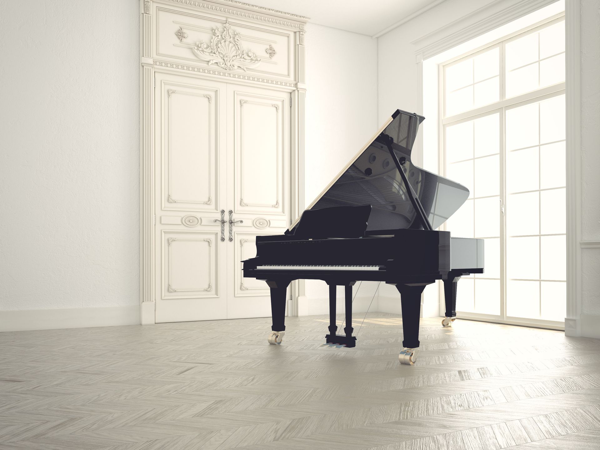 Un piano à queue noir dans une pièce blanche avec une porte ouvragée et une grande fenêtre.