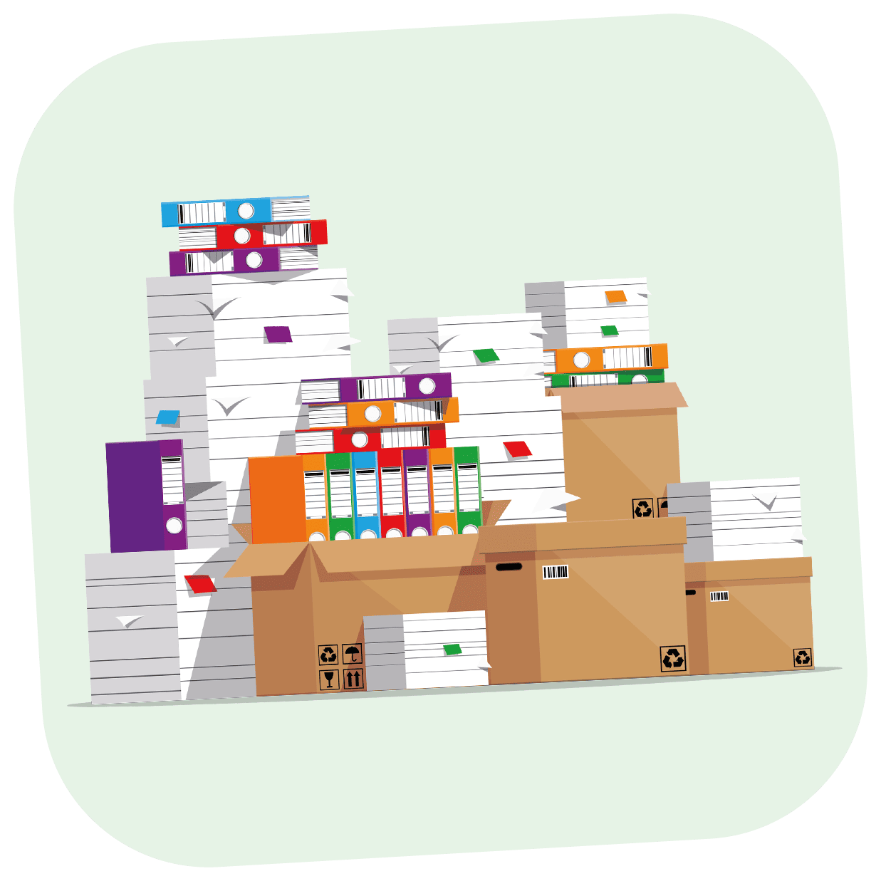 Des papiers, des dossiers et des cartons, évoquant le déménagement d'un bureau