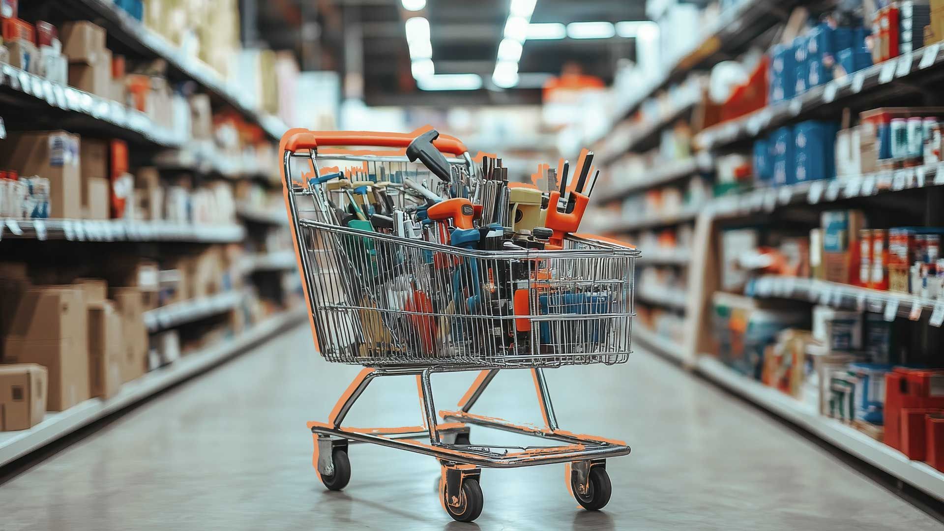 Rayonnages dans un magasin et caddie rempli d'achats au premier plan.