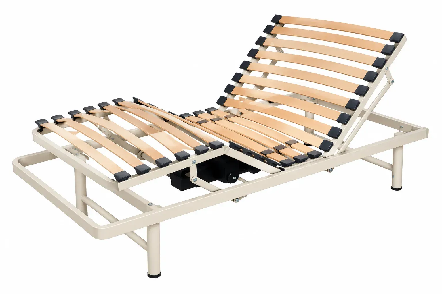 Somier articulado de láminas de madera sobre una base metálica blanca, parcialmente elevado, como un sillón reclinable.
