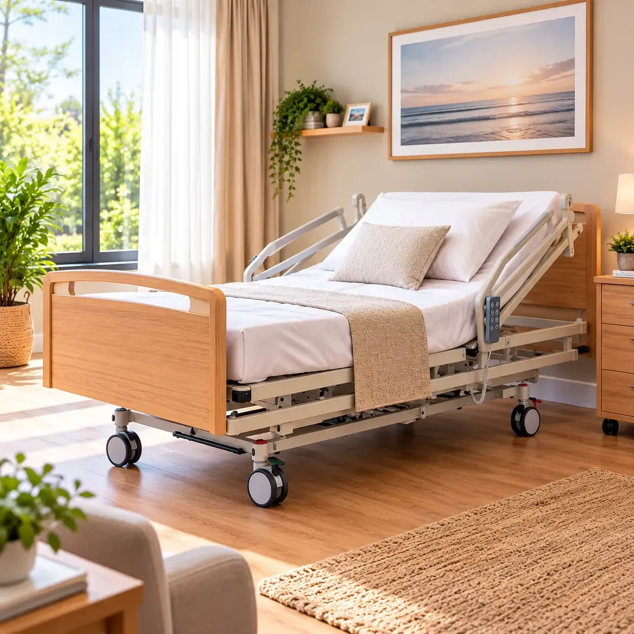 Cama ajustable de estilo hospitalario en un dormitorio luminoso, con sábanas blancas, estructura de madera y base con ruedas.