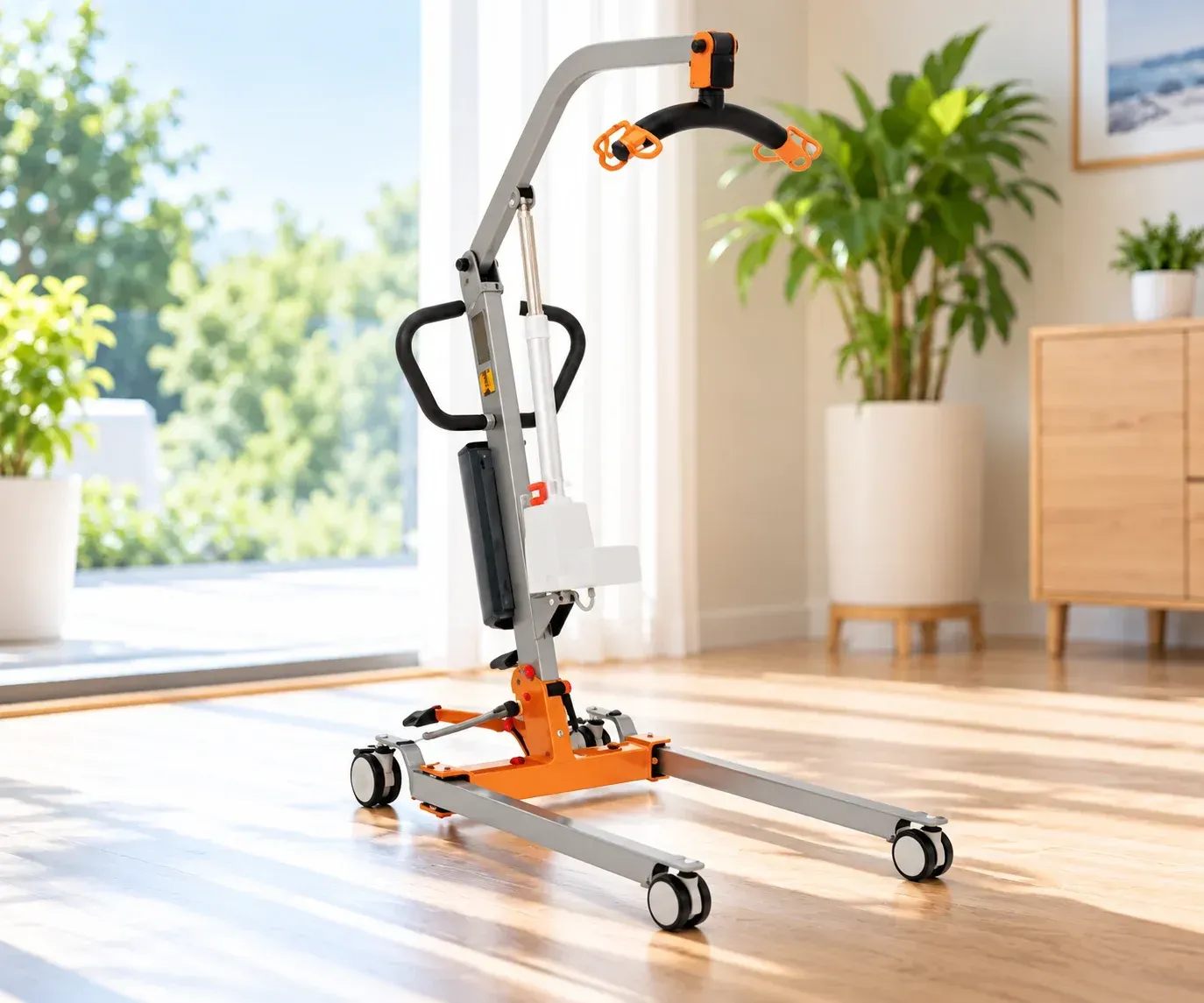 Elevador de movilidad naranja y gris en una habitación luminosa con suelo de madera y una planta en maceta
