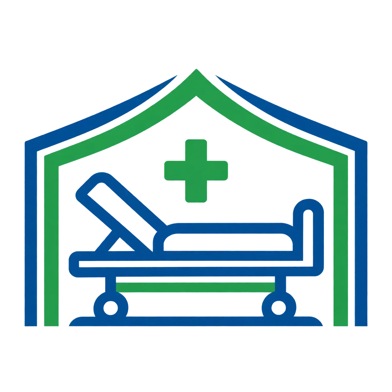 Icono de una cama médica dentro del contorno de una casa verde y azul con una cruz verde