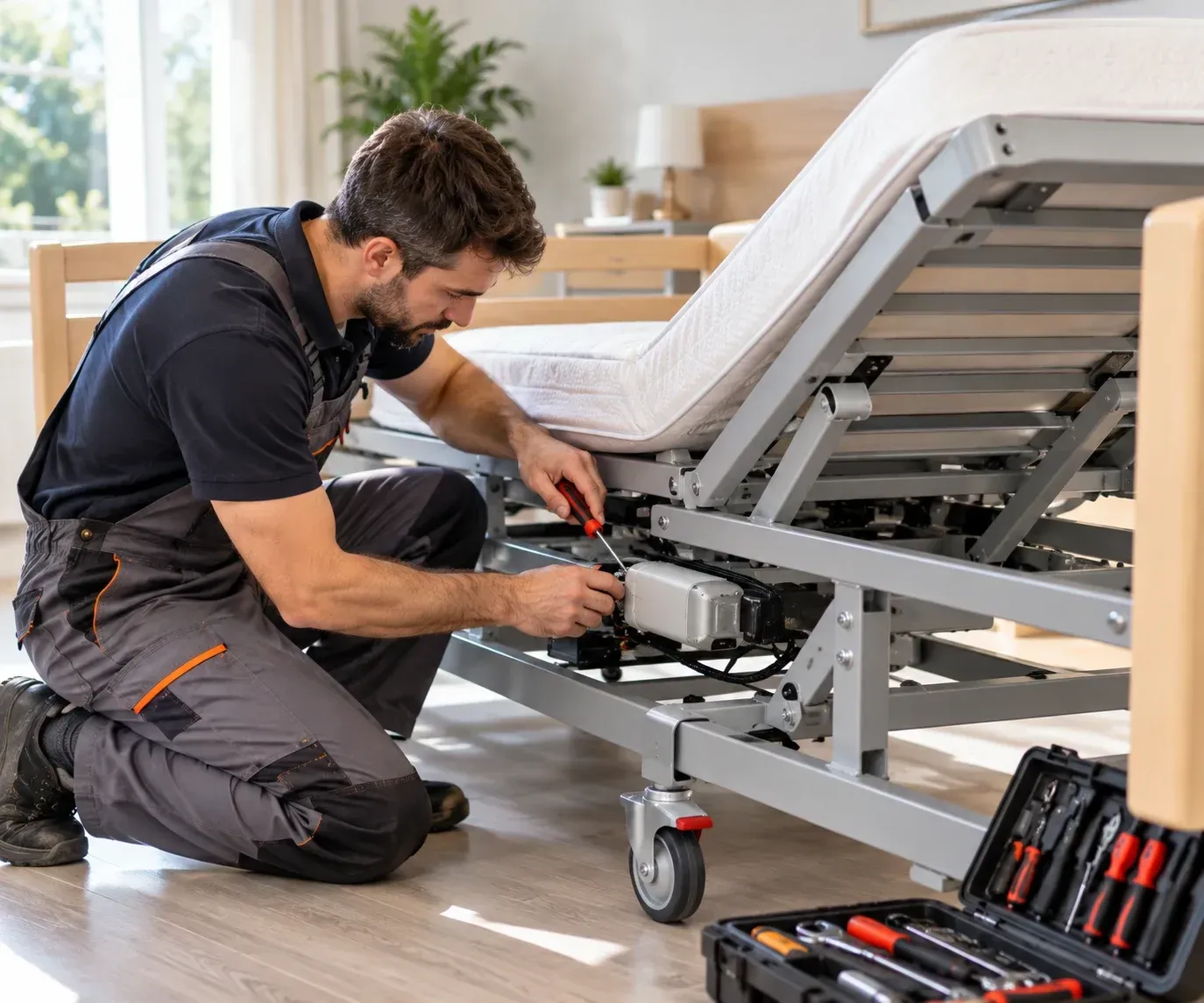 Un técnico repara una cama articulada motorizada con herramientas en un dormitorio.