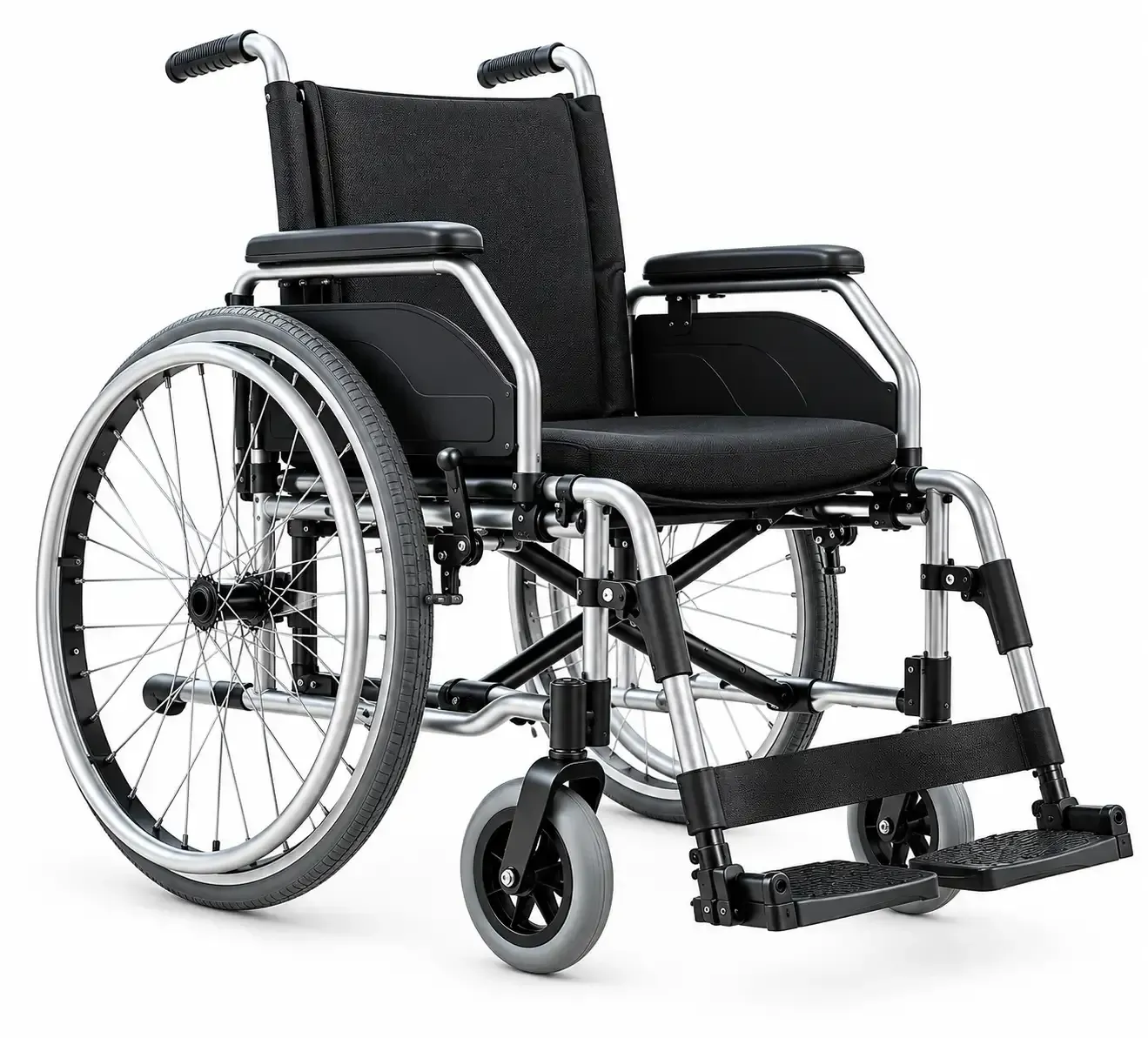 Silla de ruedas manual negra con ruedas traseras grandes y reposapiés, sobre un fondo blanco