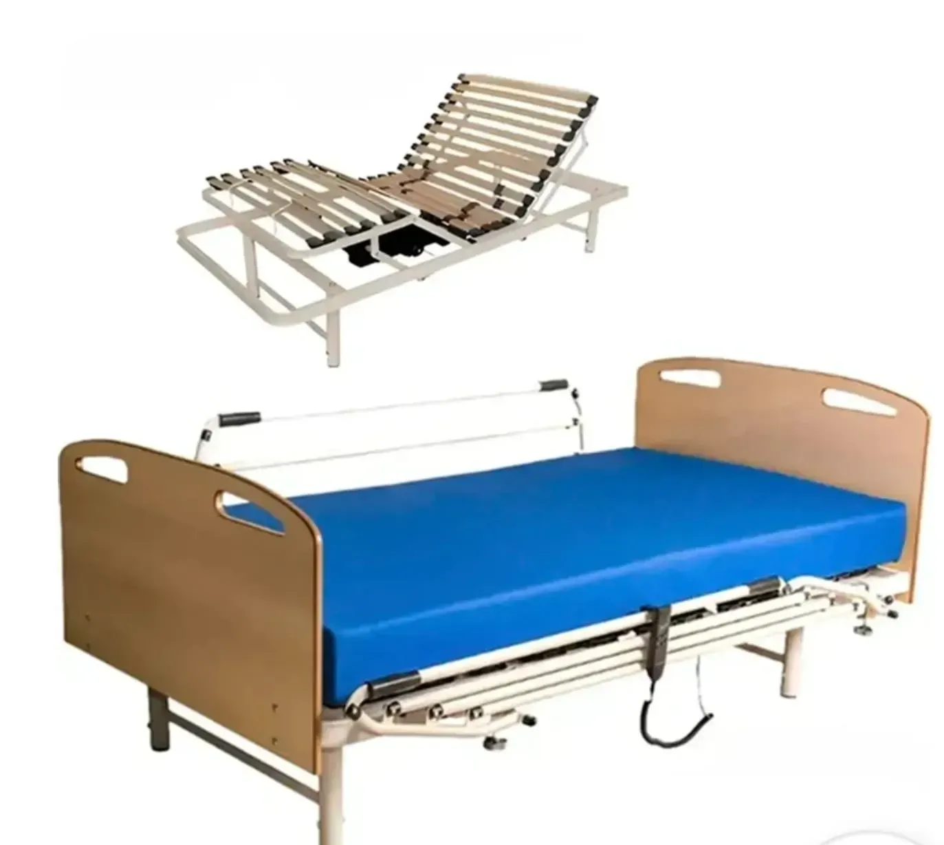 Cama de hospital ajustable con colchón azul y barandillas de madera, mostrada en dos posiciones.