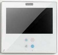 Un videoportero blanco con pantalla y botones negros.