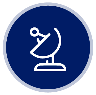 Un icono de una antena parabólica en un círculo azul.