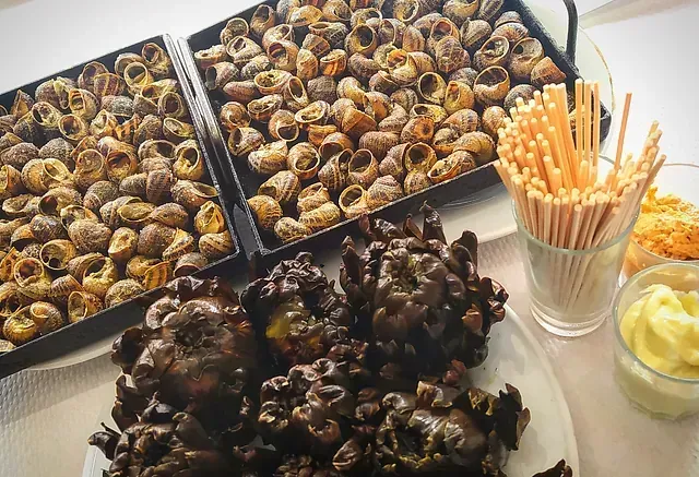 Tres bandejas de caracoles están sobre una mesa al lado de un plato de caracoles.