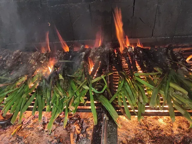 Un manojo de cebollas verdes se está cocinando en una parrilla