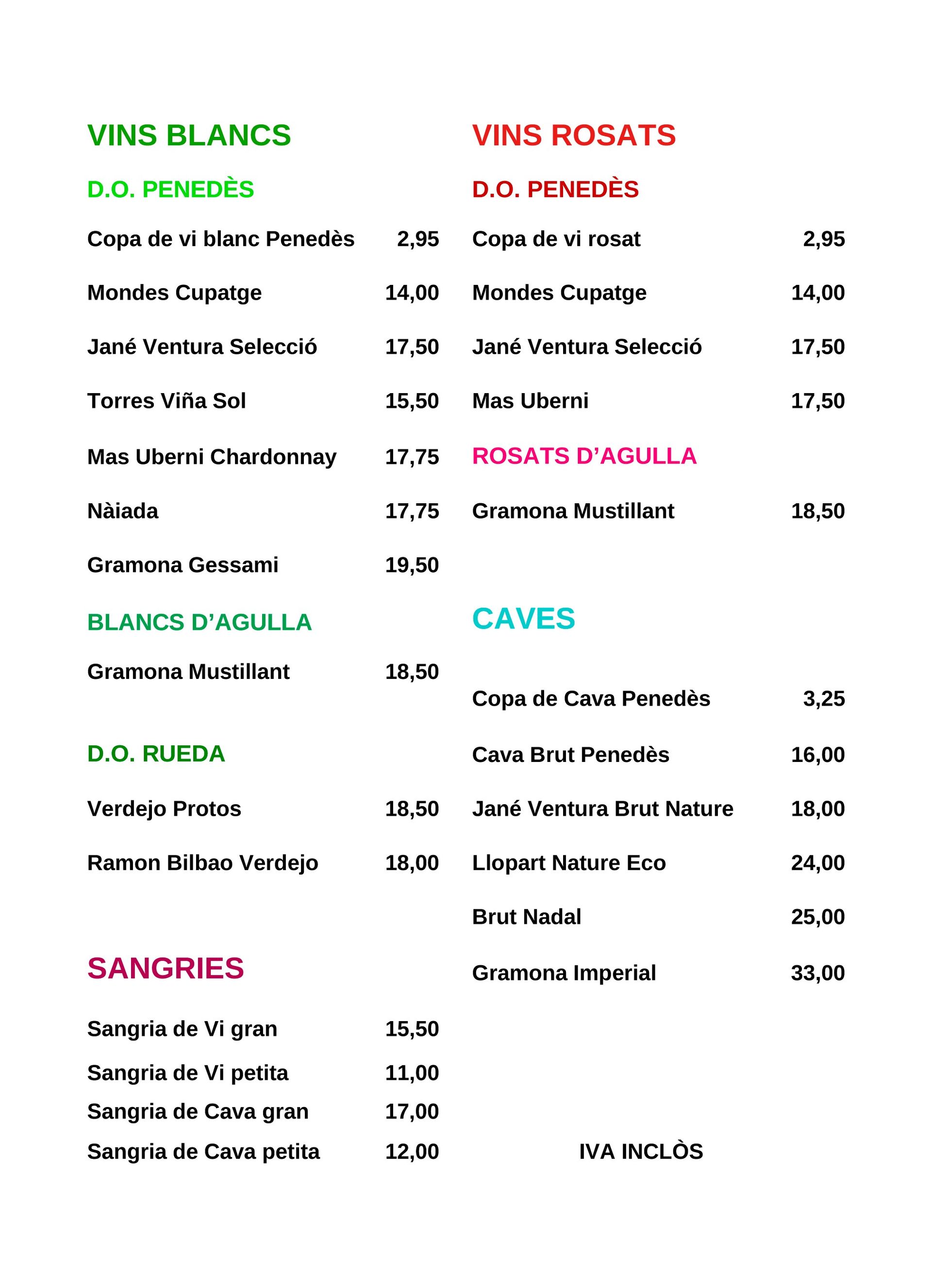Un menú de un restaurante muestra una variedad de vinos y sangrías.