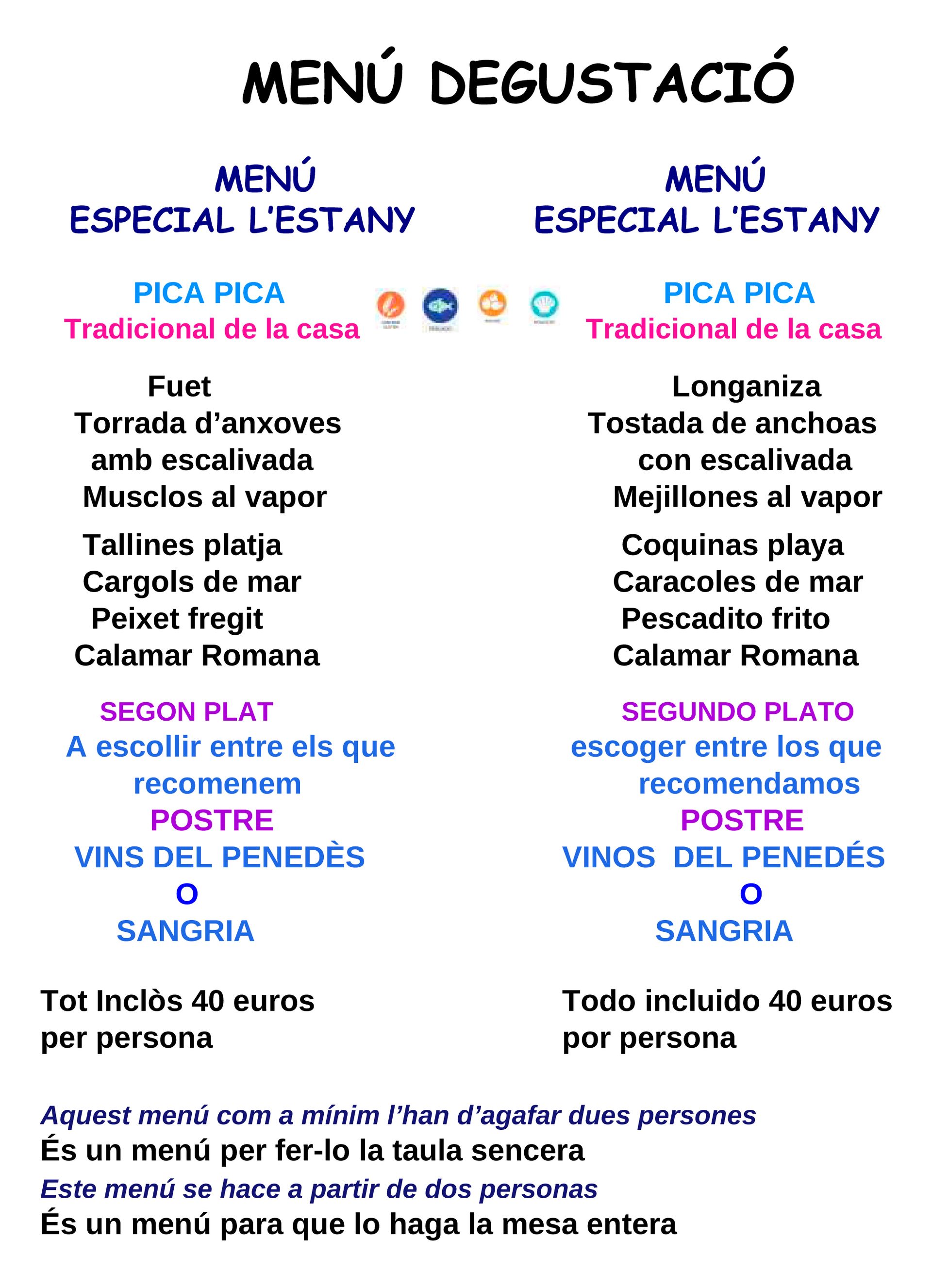 Un menú para un restaurante con escritura en español.
