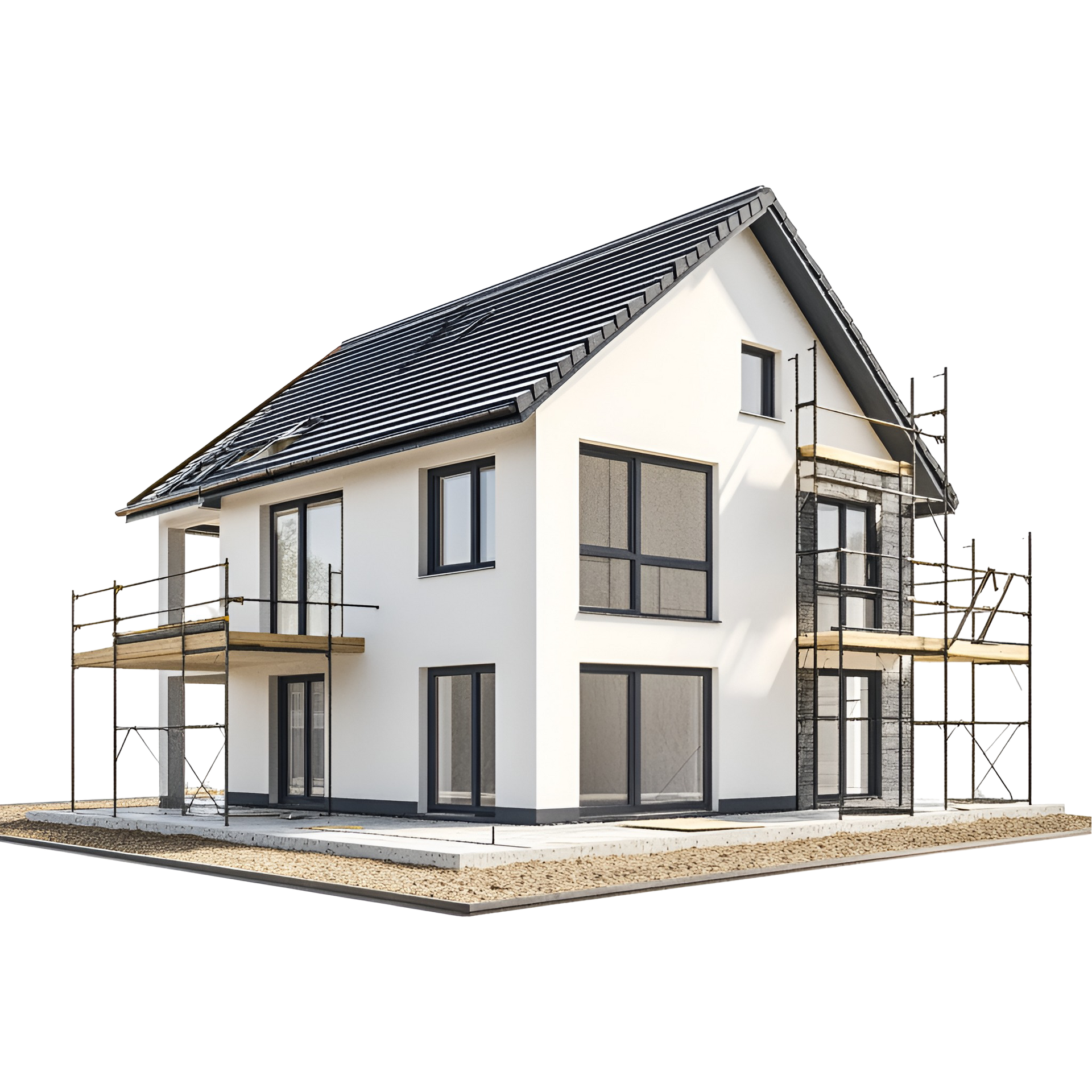 Maison à deux étages en construction, avec échafaudages, façade blanche, toit noir et grandes fenêtres.