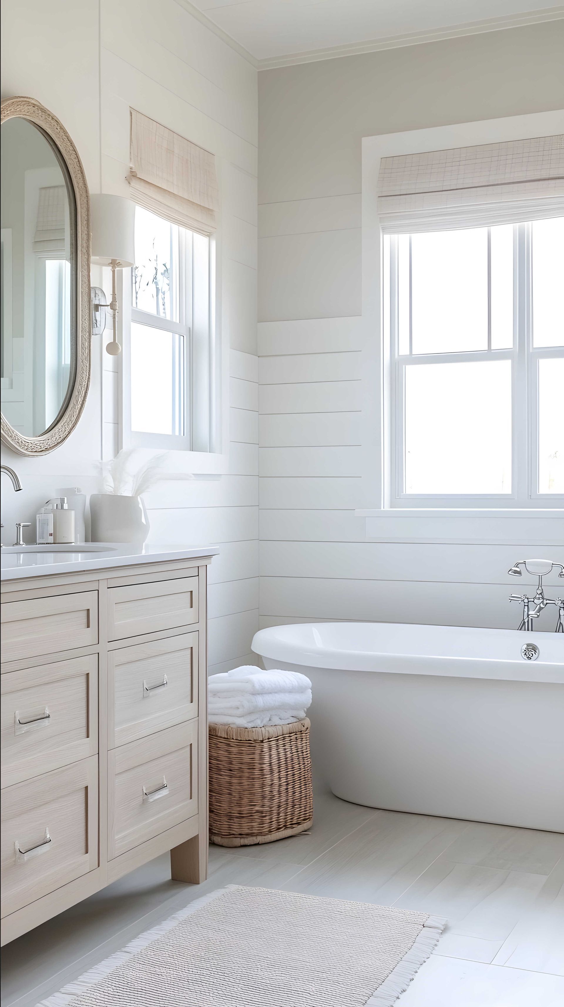 Salle de bains avec meuble-lavabo en bois clair, baignoire blanche et éléments décoratifs en tissu tressé.