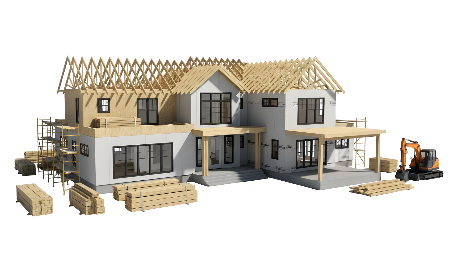 Maison en construction ; charpente, bardage et équipements apparents.