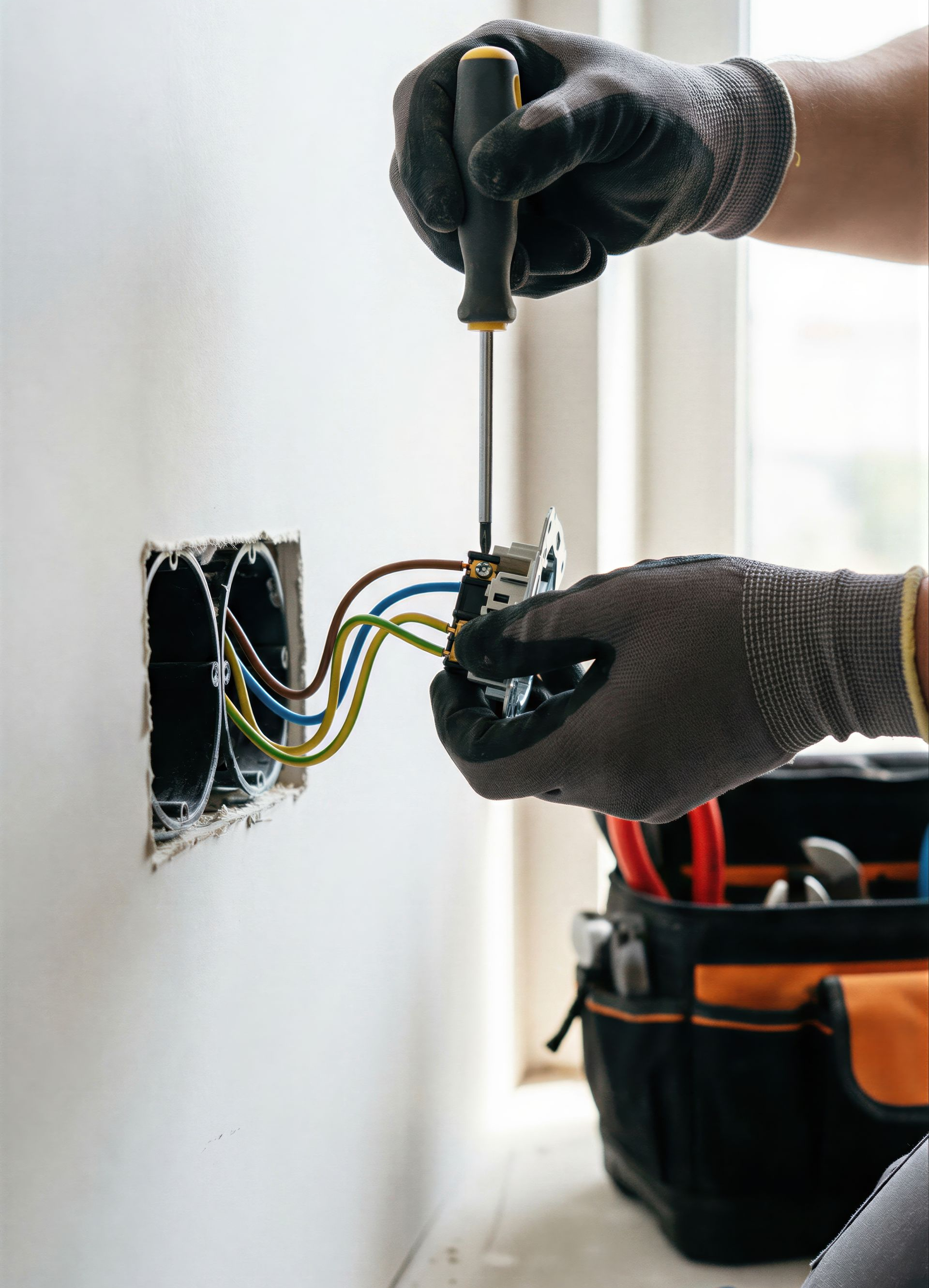 Un électricien installe une prise électrique, portant des gants et utilisant un tournevis, à côté d'une boîte à outils.