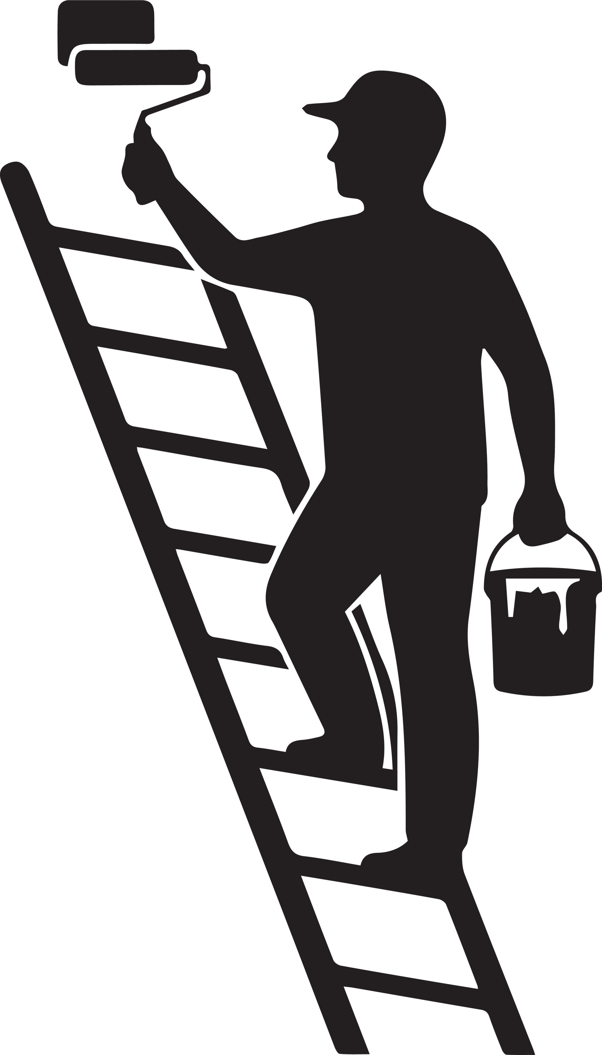 Un peintre, juché sur une échelle, applique de la peinture sur un mur au rouleau. Il tient un seau de peinture.