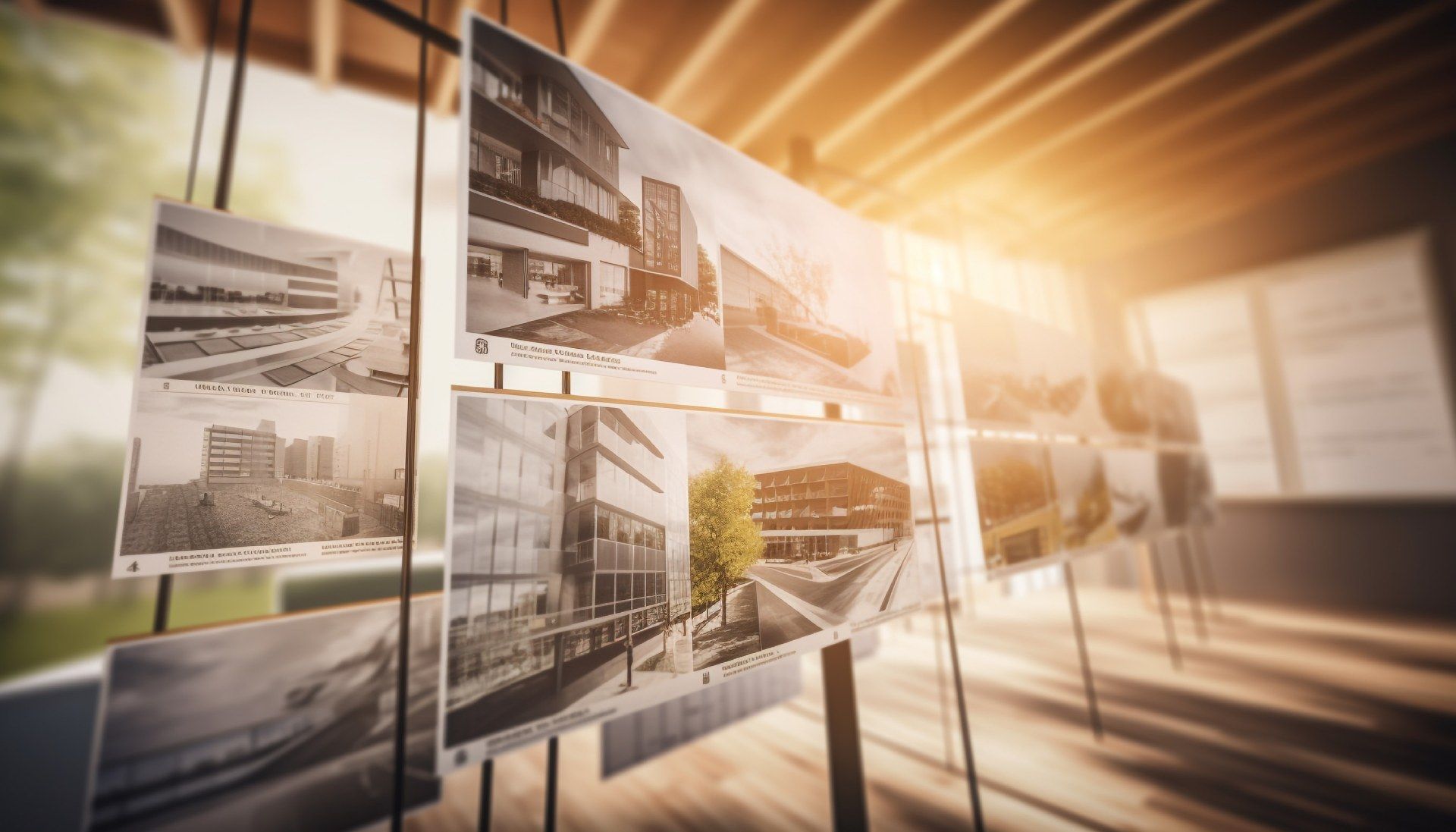 Representaciones arquitectónicas expuestas sobre soportes metálicos en una sala luminosa y soleada.