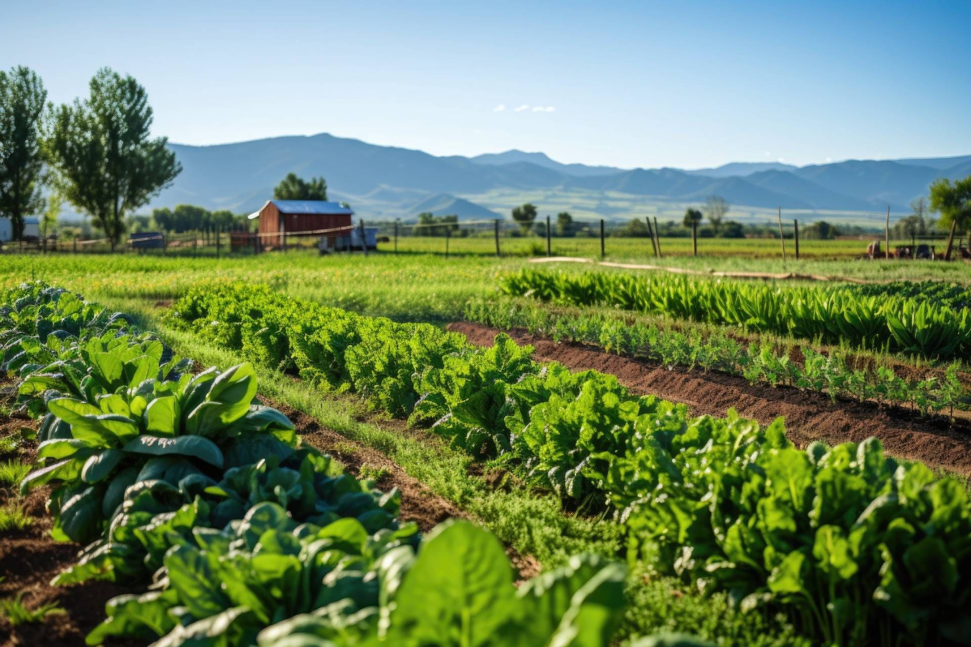 Hileras de cultivos verdes en un campo iluminado por el sol, un granero rojo y montañas al fondo.