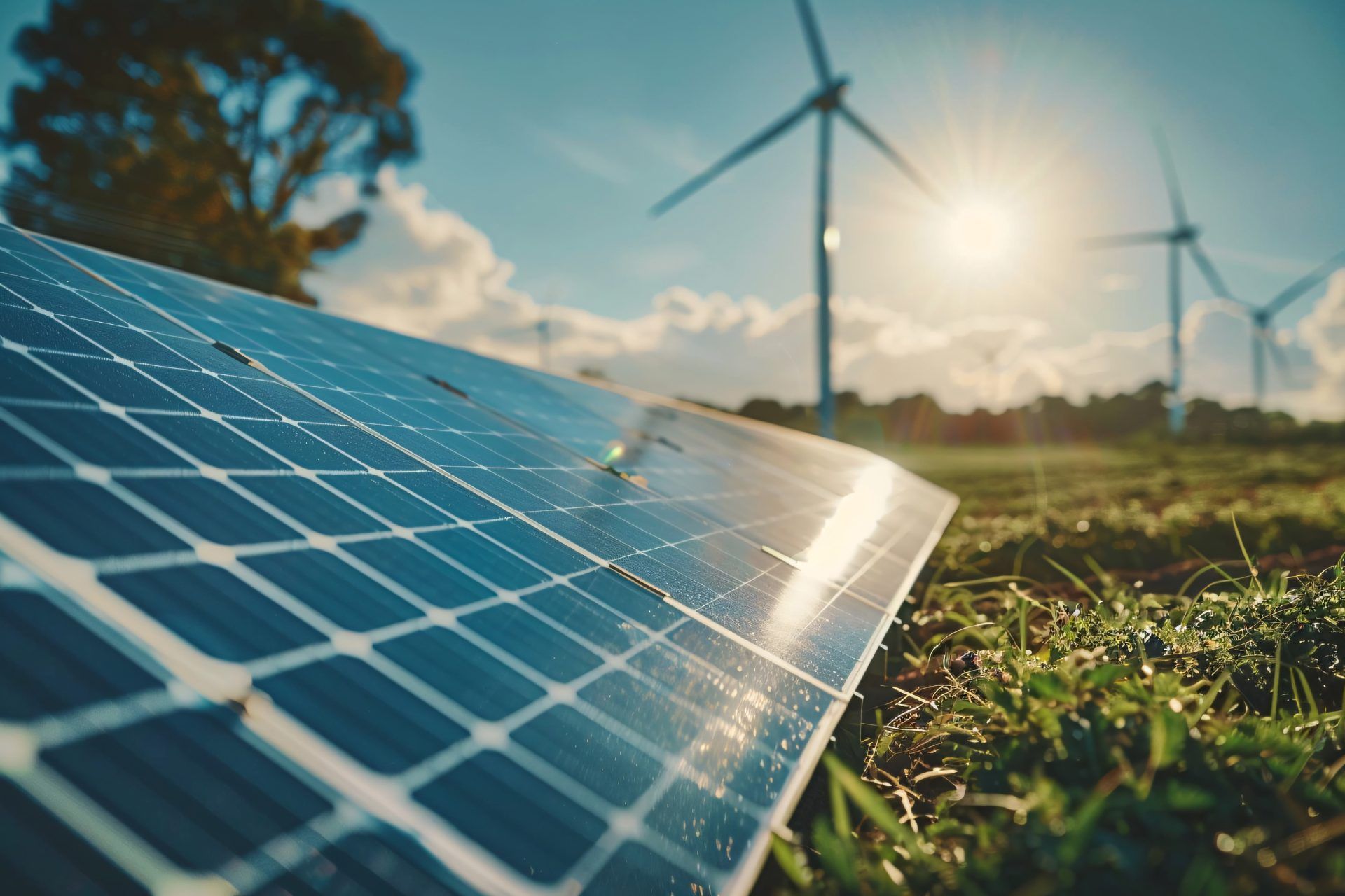 Panel solar en un campo con aerogeneradores y sol de fondo. Césped verde y cielo azul.