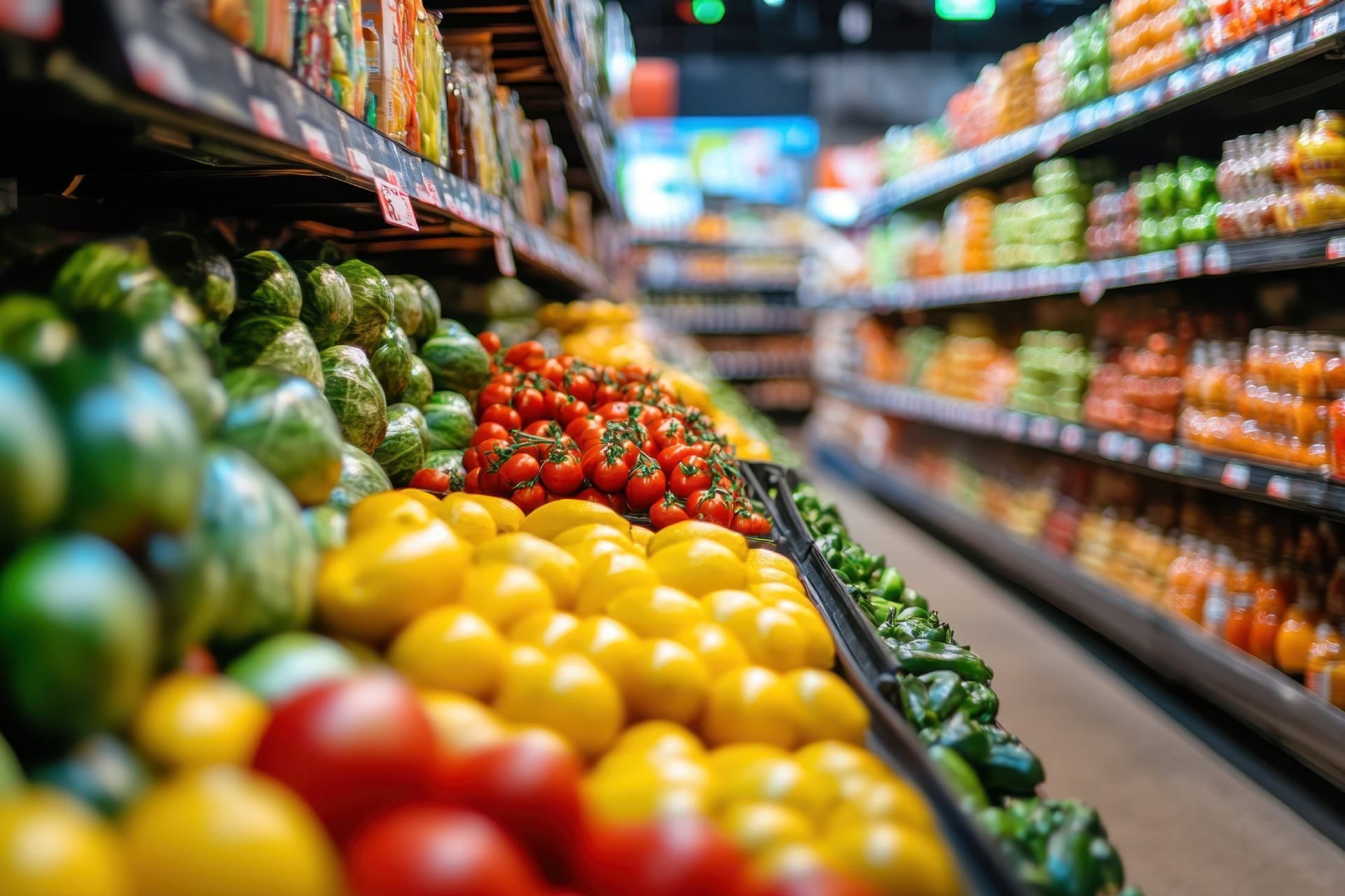 Sección de productos agrícolas en un supermercado, que muestra una colorida variedad de productos frescos.